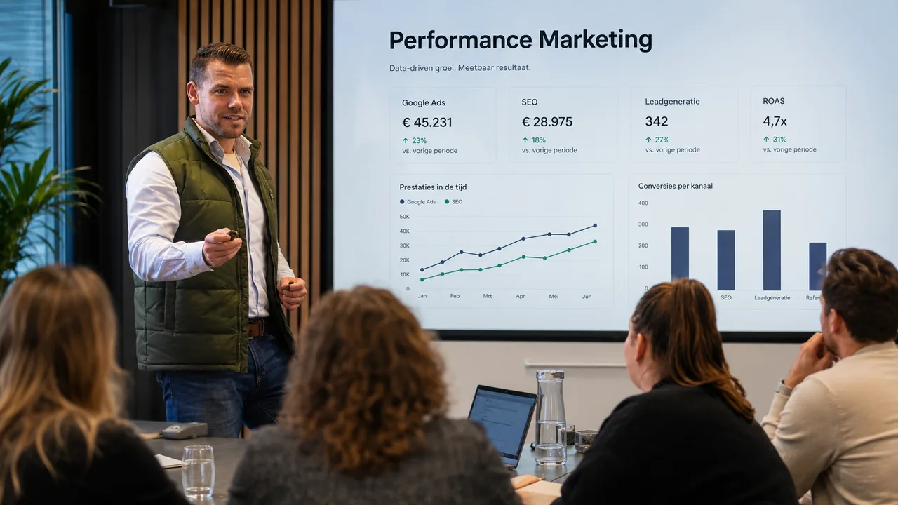 Thomas Haring presenteert data-gedreven performance marketing resultaten aan klanten